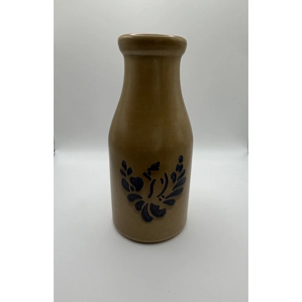 Vintage Pfaltzgraff Folk Art Stoneware Vase Brown Blue Floral Pottery 7.5